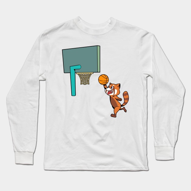 Comic red panda playing basketball Long Sleeve T-Shirt by Modern Medieval Design